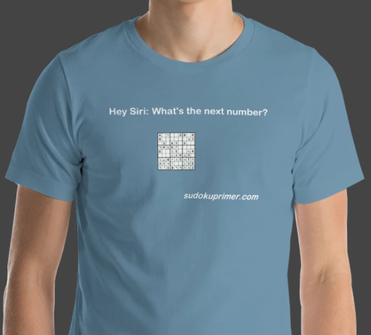 sudoku t-shirt with the text 'Hey Siri: What's the next number?' with a sudoku grid partially filled